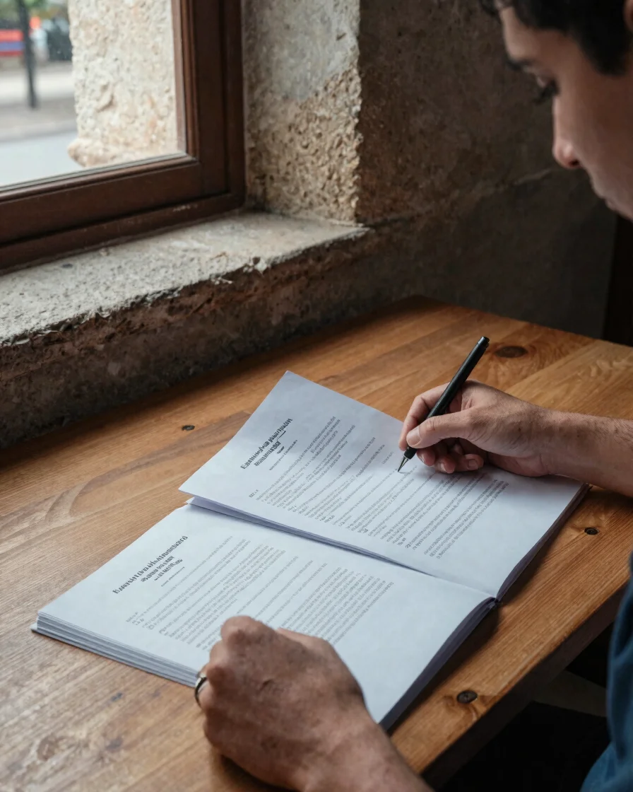 Espacio de trabajo jurídico cotidiano en Toledo: documentos de un expediente de tráfico revisados con cuidado sobre una